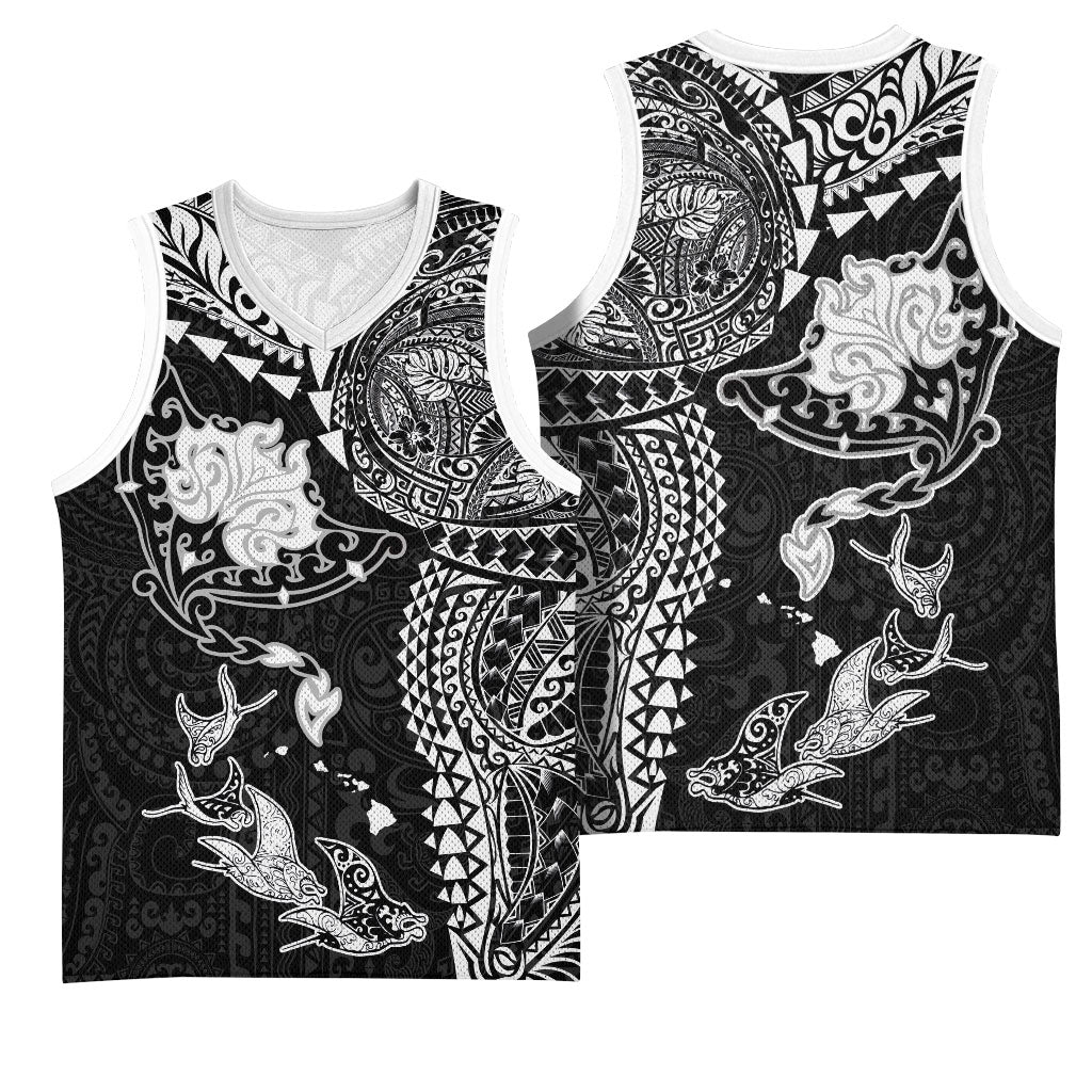 Hawaiian Manta Ray Tribal Basketball Jersey Polynesian Art Motifs Black Color