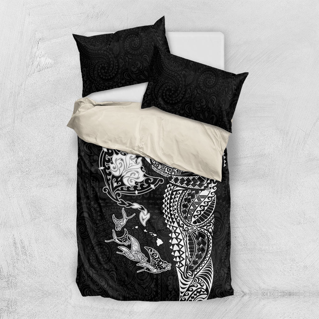Hawaiian Manta Ray Tribal Bedding Set Polynesian Art Motifs Black Color