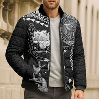 Hawaiian Manta Ray Tribal Bomber Puffer Jacket Polynesian Art Motifs Black Color