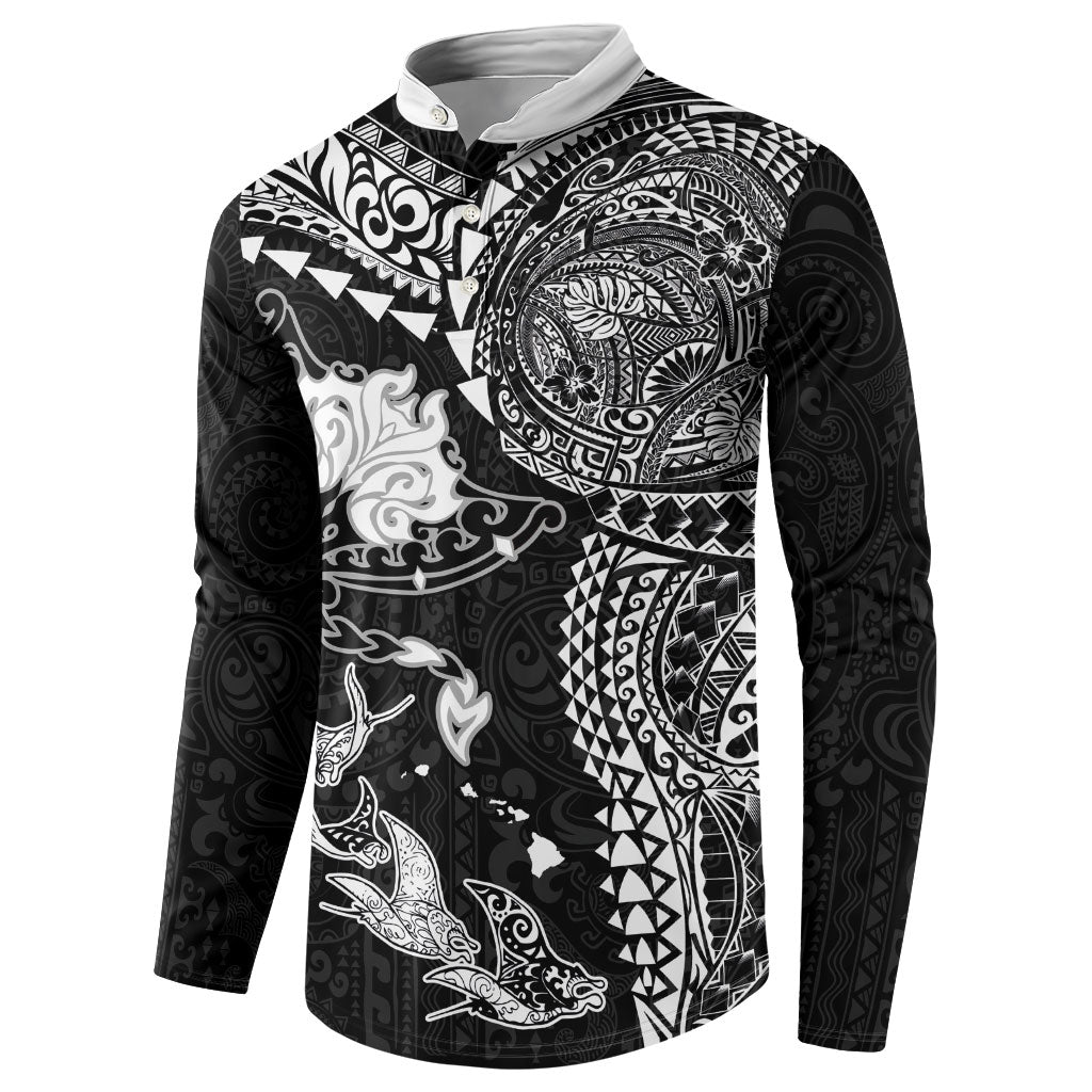 Hawaiian Manta Ray Tribal Button Sweatshirt Polynesian Art Motifs Black Color LT03 - Polynesian Pride