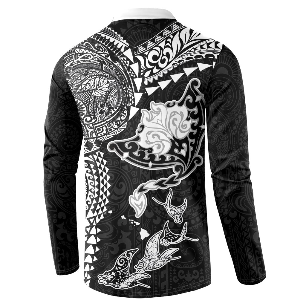 Hawaiian Manta Ray Tribal Button Sweatshirt Polynesian Art Motifs Black Color LT03 - Polynesian Pride