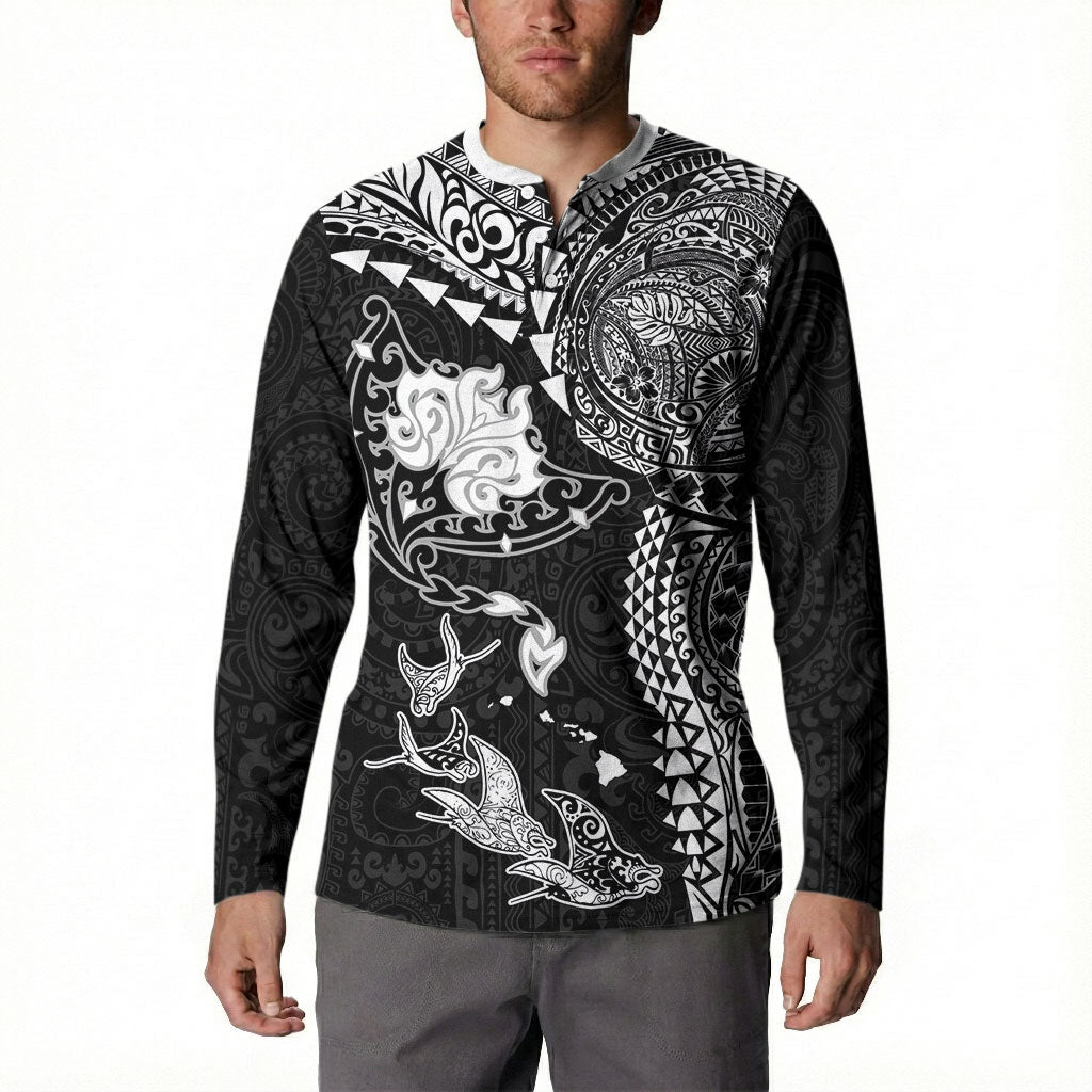 Hawaiian Manta Ray Tribal Button Sweatshirt Polynesian Art Motifs Black Color LT03 - Polynesian Pride