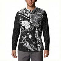 Hawaiian Manta Ray Tribal Button Sweatshirt Polynesian Art Motifs Black Color LT03 - Polynesian Pride