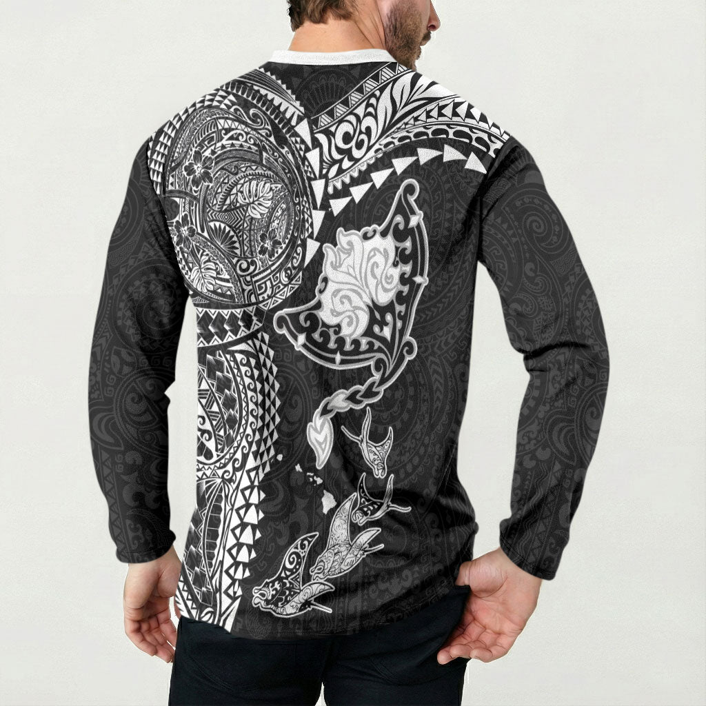 Hawaiian Manta Ray Tribal Button Sweatshirt Polynesian Art Motifs Black Color LT03 - Polynesian Pride