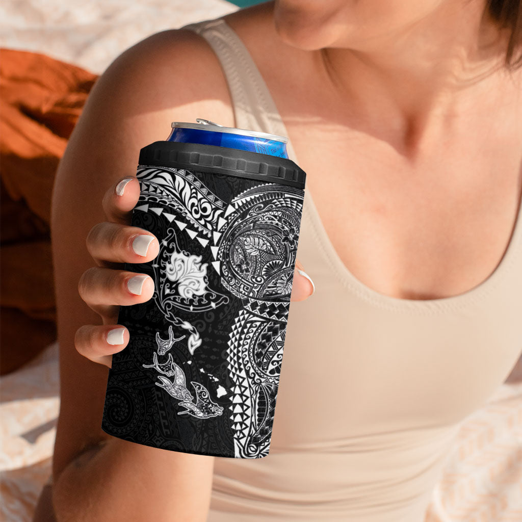 Hawaiian Manta Ray Tribal 4 in 1 Can Cooler Tumbler Polynesian Art Motifs Black Color