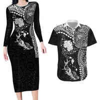 Hawaiian Manta Ray Tribal Couples Matching Long Sleeve Bodycon Dress and Hawaiian Shirt Polynesian Art Motifs Black Color