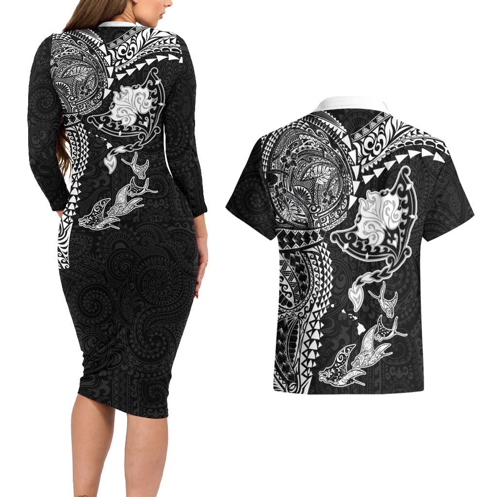 Hawaiian Manta Ray Tribal Couples Matching Long Sleeve Bodycon Dress and Hawaiian Shirt Polynesian Art Motifs Black Color