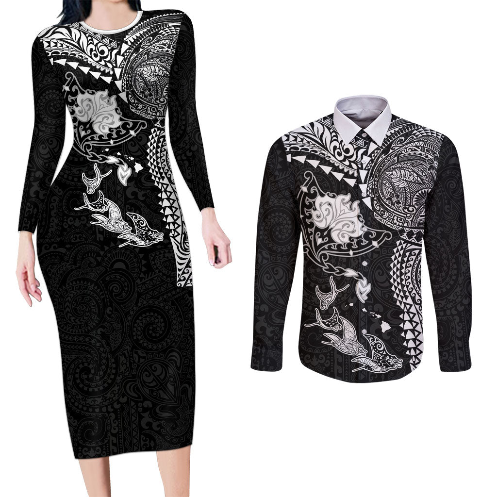 Hawaiian Manta Ray Tribal Couples Matching Long Sleeve Bodycon Dress and Long Sleeve Button Shirt Polynesian Art Motifs Black Color