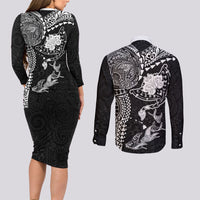 Hawaiian Manta Ray Tribal Couples Matching Long Sleeve Bodycon Dress and Long Sleeve Button Shirt Polynesian Art Motifs Black Color