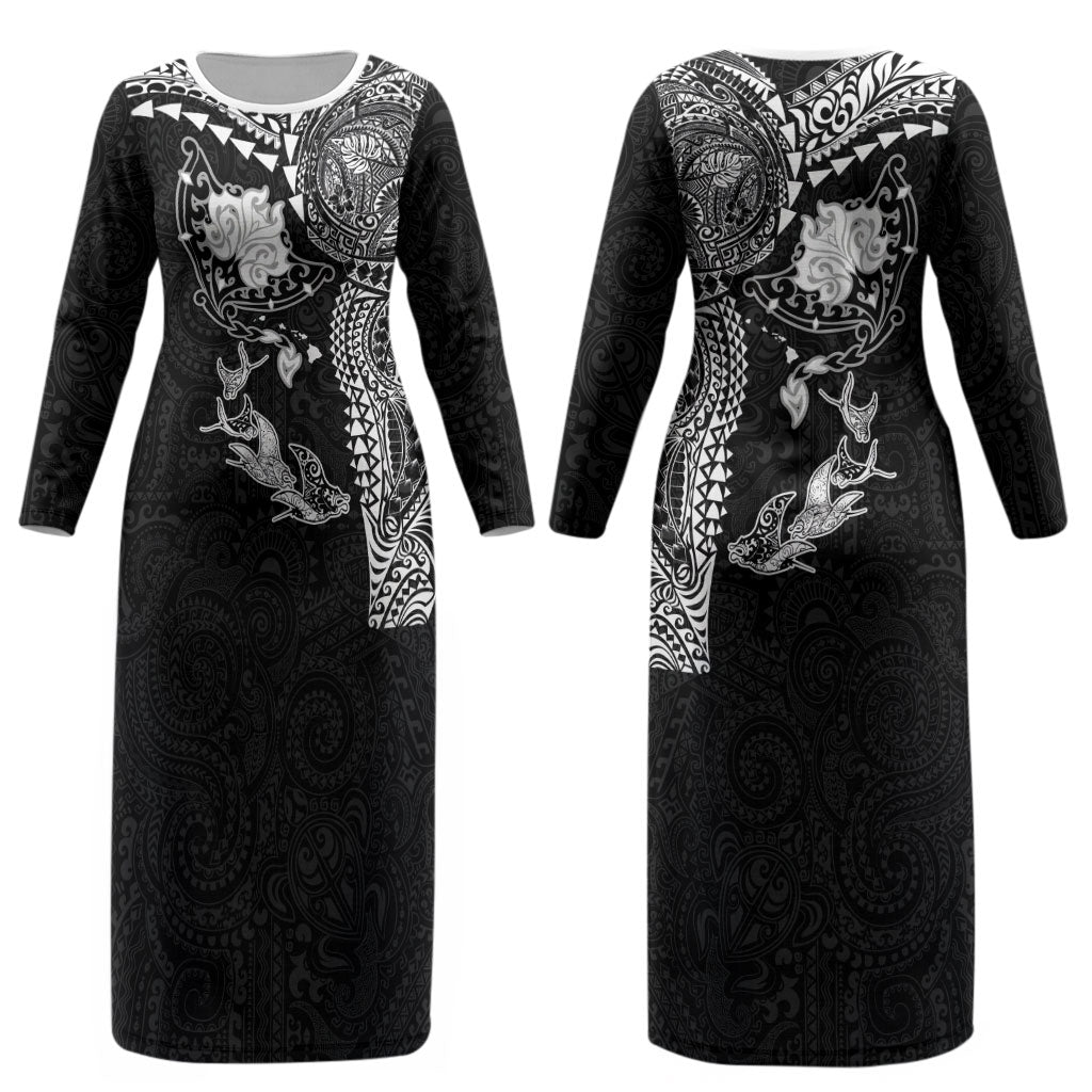 Hawaiian Manta Ray Tribal Couples Matching Long Sleeve Bodycon Dress and Long Sleeve Button Shirt Polynesian Art Motifs Black Color LT03