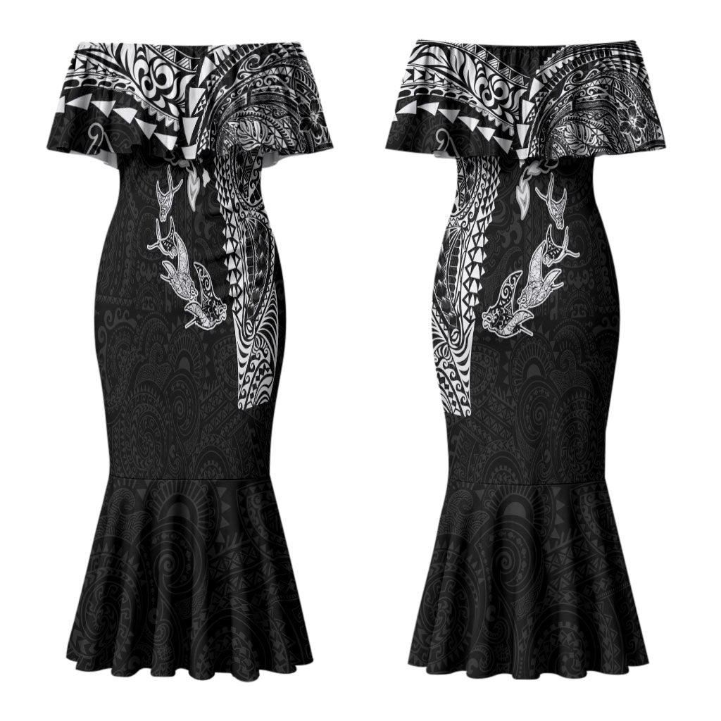 Hawaiian Manta Ray Tribal Couples Matching Mermaid Dress and Long Sleeve Button Shirt Polynesian Art Motifs Black Color LT03
