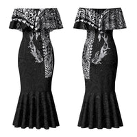Hawaiian Manta Ray Tribal Couples Matching Mermaid Dress and Long Sleeve Button Shirt Polynesian Art Motifs Black Color LT03
