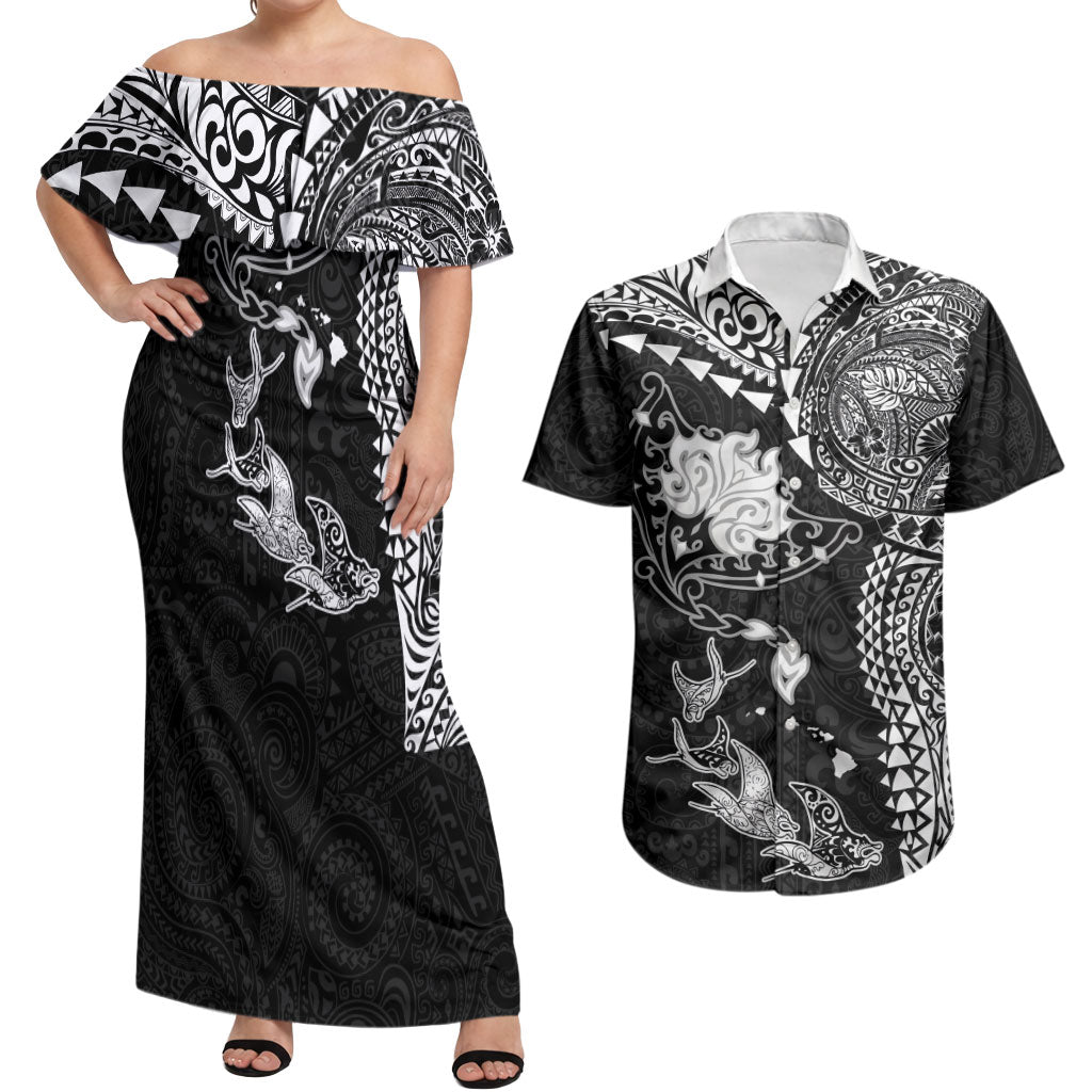 Hawaiian Manta Ray Tribal Couples Matching Off Shoulder Maxi Dress and Hawaiian Shirt Polynesian Art Motifs Black Color LT03 Black - Polynesian Pride