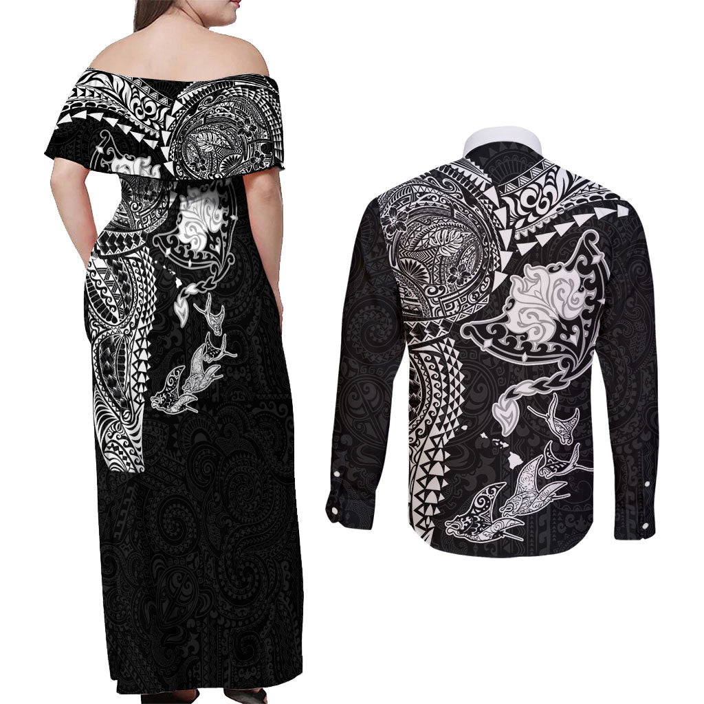 Hawaiian Manta Ray Tribal Couples Matching Off Shoulder Maxi Dress and Long Sleeve Button Shirt Polynesian Art Motifs Black Color