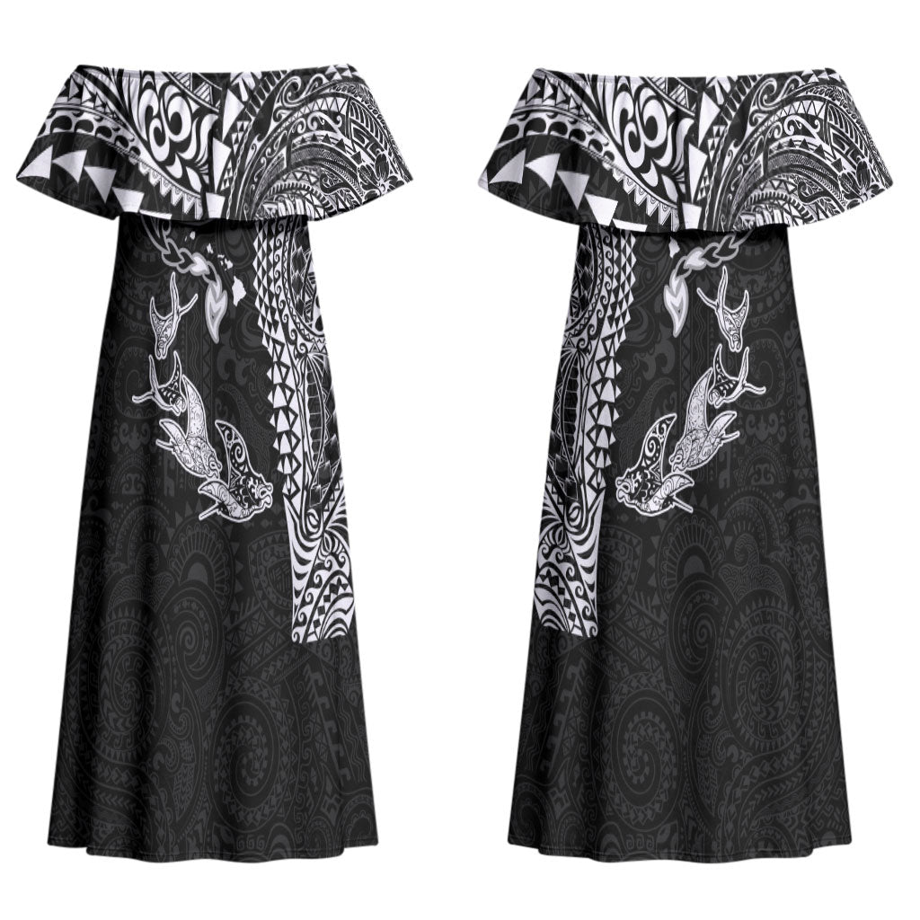 Hawaiian Manta Ray Tribal Couples Matching Off Shoulder Maxi Dress and Long Sleeve Button Shirt Polynesian Art Motifs Black Color LT03