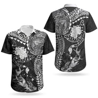 Hawaiian Manta Ray Tribal Couples Matching Off Shoulder Short Dress and Hawaiian Shirt Polynesian Art Motifs Black Color LT03 - Polynesian Pride