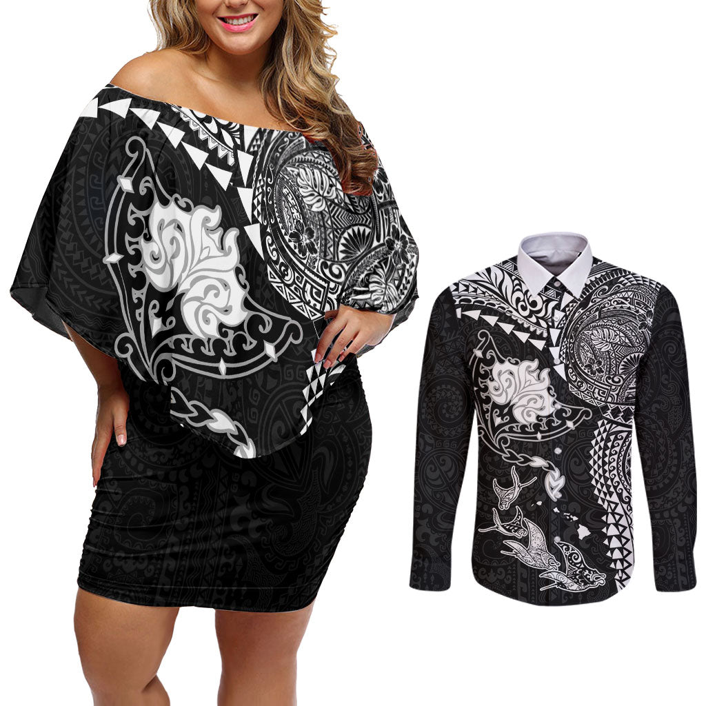 Hawaiian Manta Ray Tribal Couples Matching Off Shoulder Short Dress and Long Sleeve Button Shirt Polynesian Art Motifs Black Color LT03 Black - Polynesian Pride