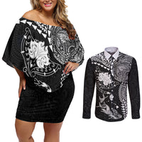 Hawaiian Manta Ray Tribal Couples Matching Off Shoulder Short Dress and Long Sleeve Button Shirt Polynesian Art Motifs Black Color