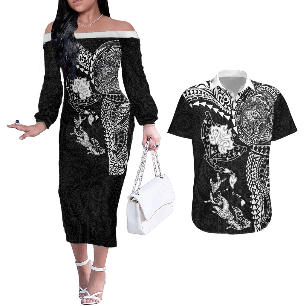 Hawaiian Manta Ray Tribal Couples Matching Off The Shoulder Long Sleeve Dress and Hawaiian Shirt Polynesian Art Motifs Black Color LT03 Black - Polynesian Pride