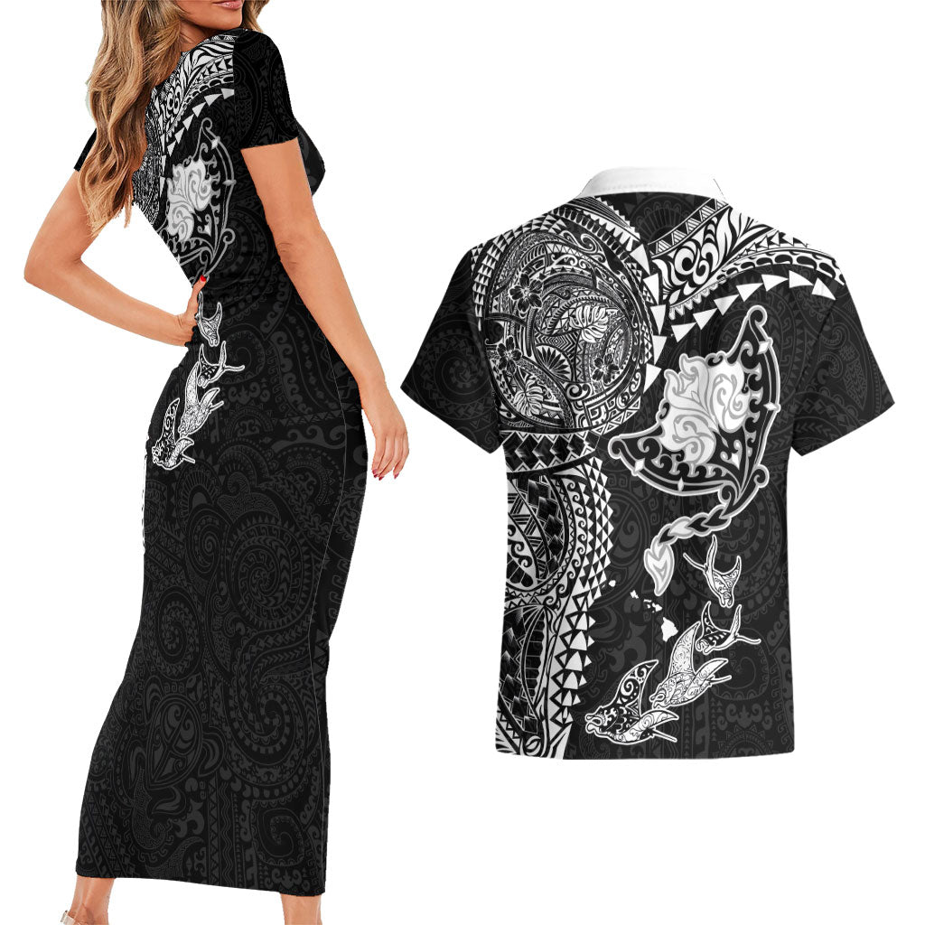 Hawaiian Manta Ray Tribal Couples Matching Short Sleeve Bodycon Dress and Hawaiian Shirt Polynesian Art Motifs Black Color