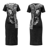 Hawaiian Manta Ray Tribal Couples Matching Short Sleeve Bodycon Dress and Long Sleeve Button Shirt Polynesian Art Motifs Black Color LT03 - Polynesian Pride
