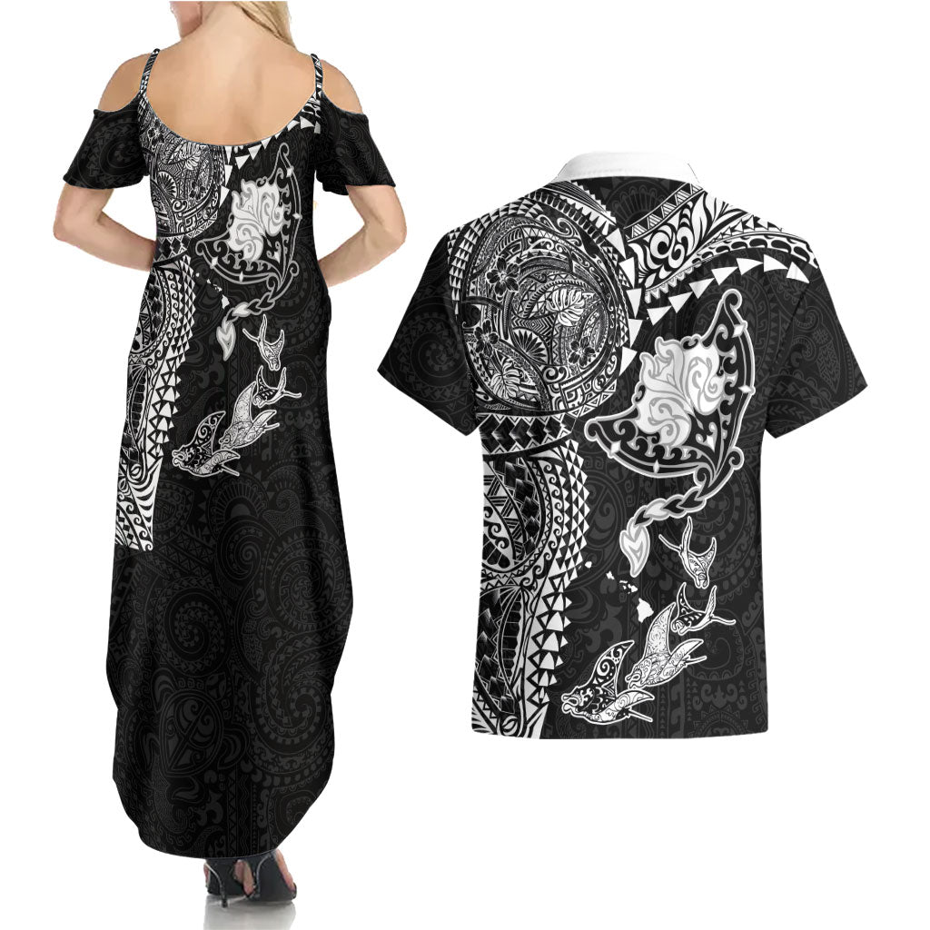 Hawaiian Manta Ray Tribal Couples Matching Summer Maxi Dress and Hawaiian Shirt Polynesian Art Motifs Black Color