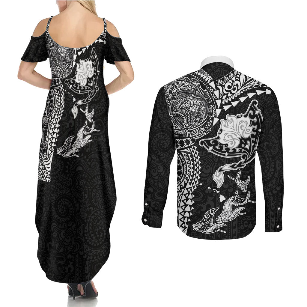 Hawaiian Manta Ray Tribal Couples Matching Summer Maxi Dress and Long Sleeve Button Shirt Polynesian Art Motifs Black Color