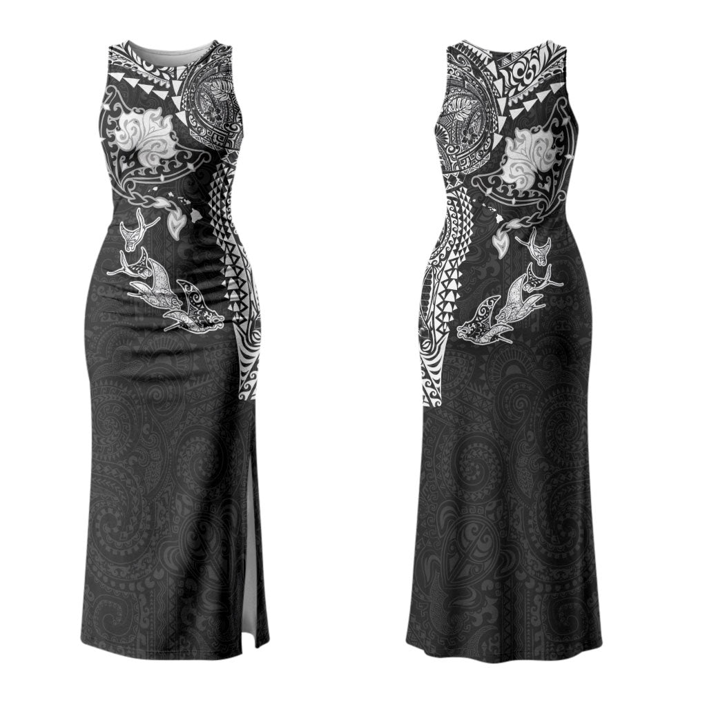 Hawaiian Manta Ray Tribal Couples Matching Tank Maxi Dress and Hawaiian Shirt Polynesian Art Motifs Black Color LT03 - Polynesian Pride