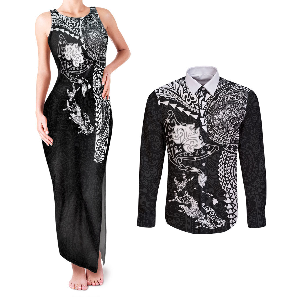 Hawaiian Manta Ray Tribal Couples Matching Tank Maxi Dress and Long Sleeve Button Shirt Polynesian Art Motifs Black Color LT03 Black - Polynesian Pride