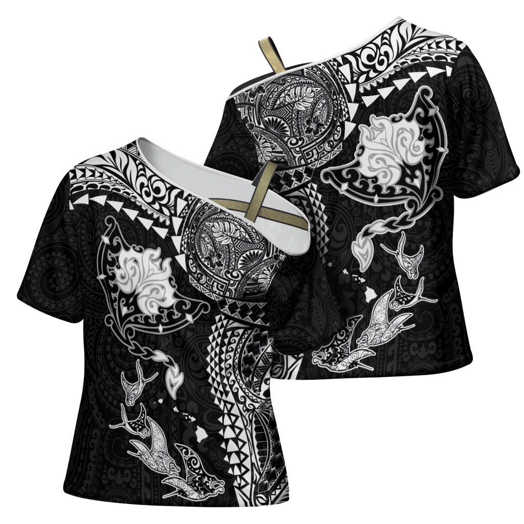 Hawaiian Manta Ray Tribal Cross Shoulder Shirt Polynesian Art Motifs Black Color