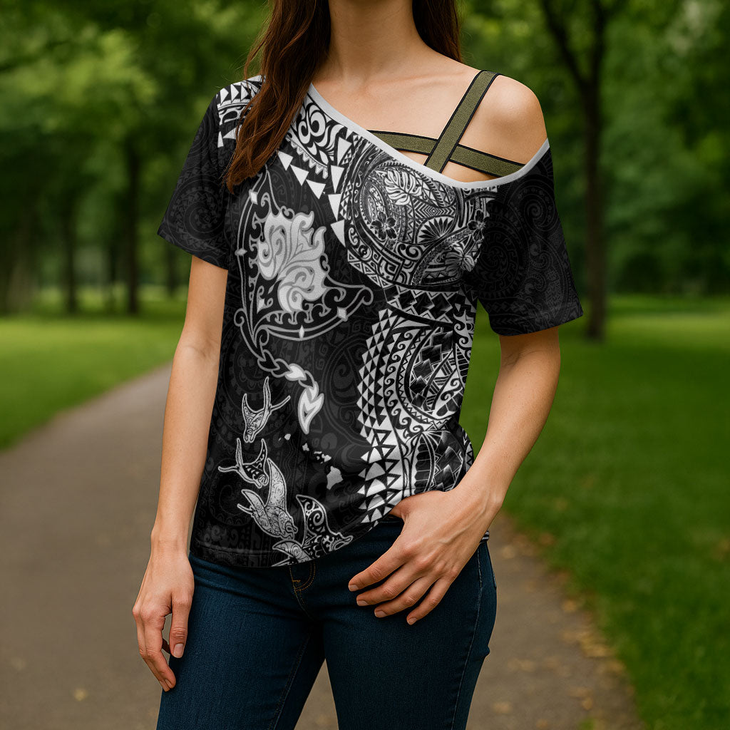 Hawaiian Manta Ray Tribal Cross Shoulder Shirt Polynesian Art Motifs Black Color
