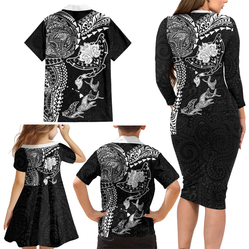 Hawaiian Manta Ray Tribal Family Matching Long Sleeve Bodycon Dress and Hawaiian Shirt Polynesian Art Motifs Black Color