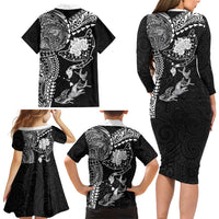 Hawaiian Manta Ray Tribal Family Matching Long Sleeve Bodycon Dress and Hawaiian Shirt Polynesian Art Motifs Black Color