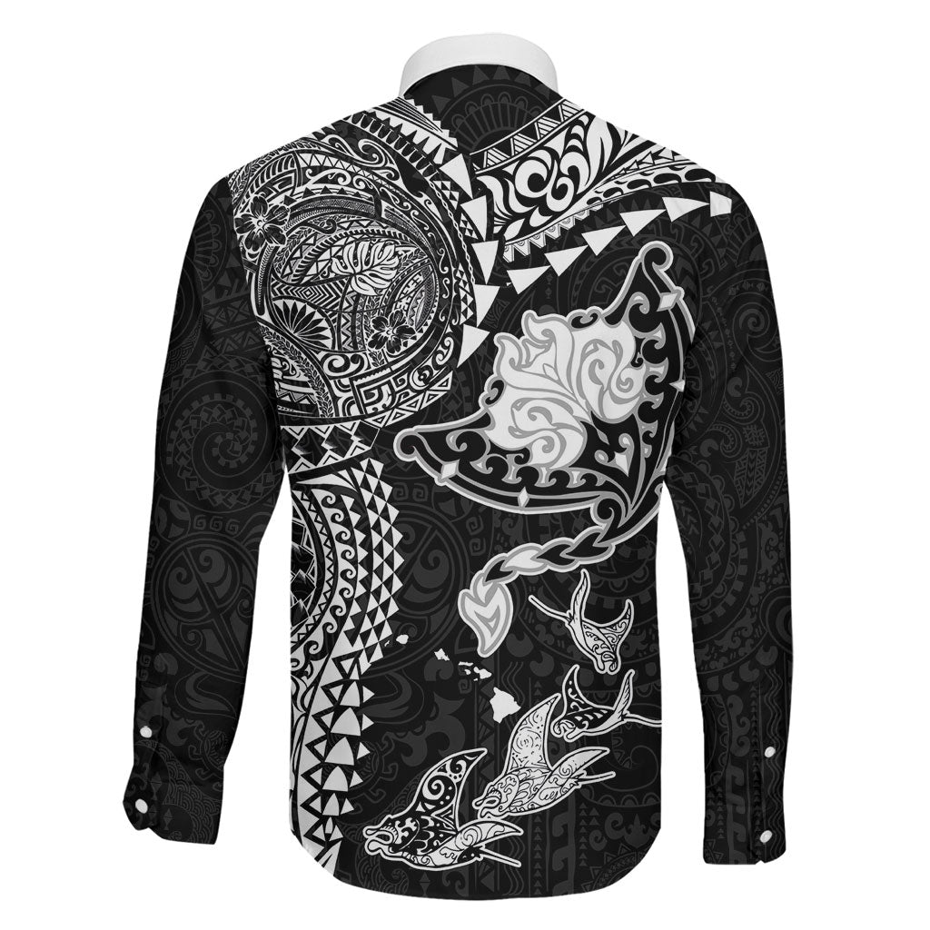 Hawaiian Manta Ray Tribal Family Matching Mermaid Dress and Hawaiian Shirt Polynesian Art Motifs Black Color