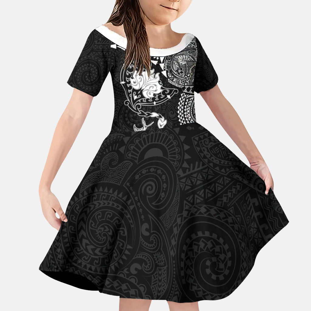 Hawaiian Manta Ray Tribal Family Matching Off The Shoulder Long Sleeve Dress and Hawaiian Shirt Polynesian Art Motifs Black Color