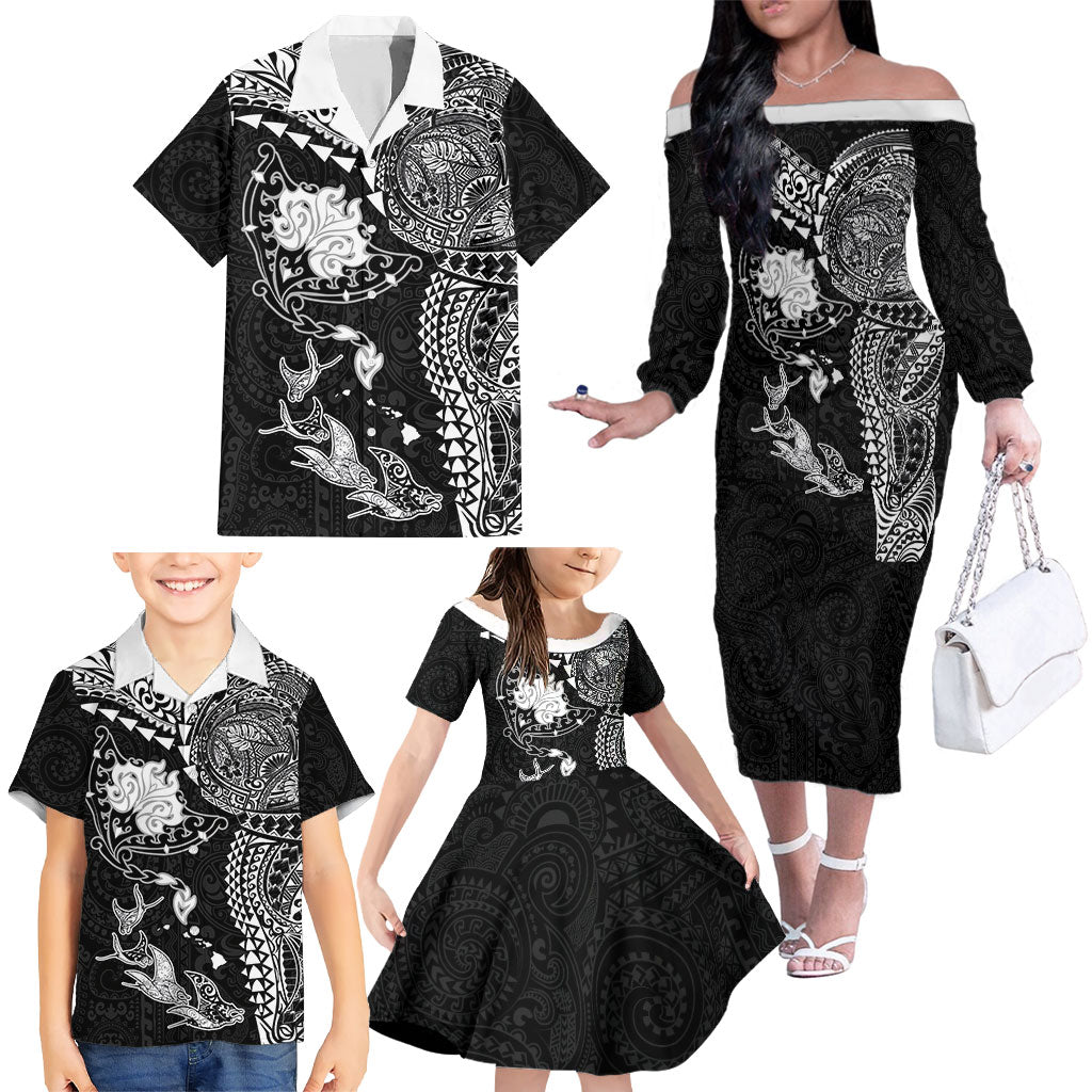 Hawaiian Manta Ray Tribal Family Matching Off The Shoulder Long Sleeve Dress and Hawaiian Shirt Polynesian Art Motifs Black Color
