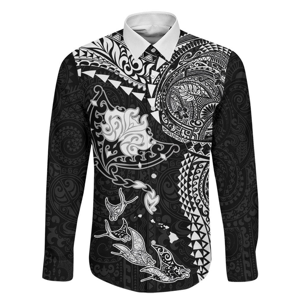 Hawaiian Manta Ray Tribal Family Matching Off Shoulder Maxi Dress and Hawaiian Shirt Polynesian Art Motifs Black Color