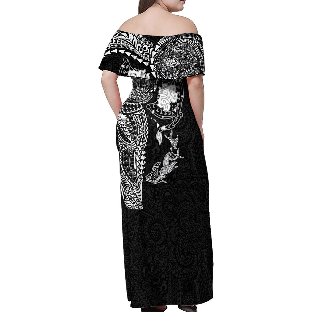 Hawaiian Manta Ray Tribal Family Matching Off Shoulder Maxi Dress and Hawaiian Shirt Polynesian Art Motifs Black Color