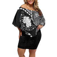 Hawaiian Manta Ray Tribal Family Matching Off Shoulder Short Dress and Hawaiian Shirt Polynesian Art Motifs Black Color