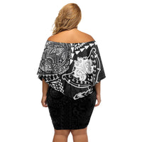Hawaiian Manta Ray Tribal Family Matching Off Shoulder Short Dress and Hawaiian Shirt Polynesian Art Motifs Black Color