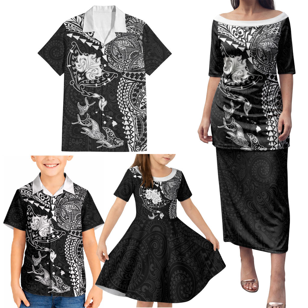 Hawaiian Manta Ray Tribal Family Matching Puletasi and Hawaiian Shirt Polynesian Art Motifs Black Color LT03 - Polynesian Pride