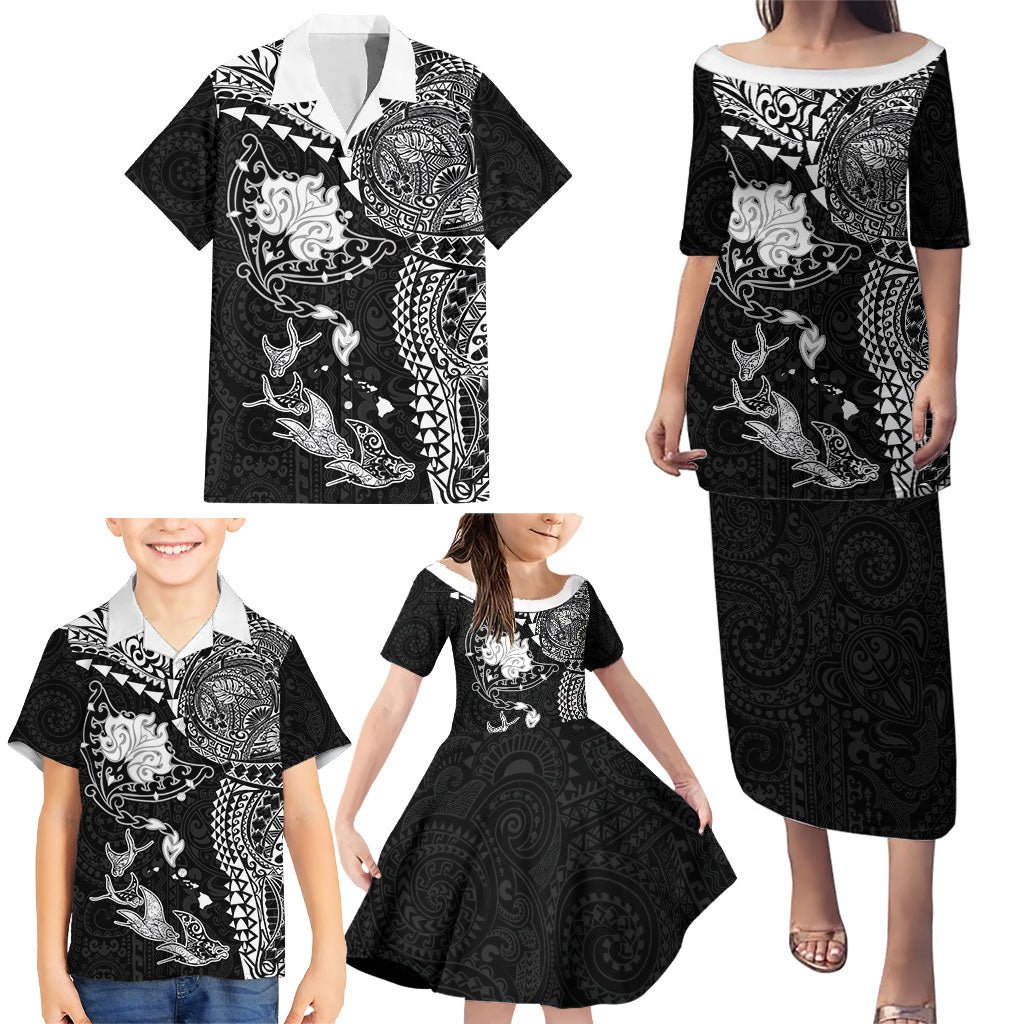 Hawaiian Manta Ray Tribal Family Matching Puletasi and Hawaiian Shirt Polynesian Art Motifs Black Color LT03 - Polynesian Pride
