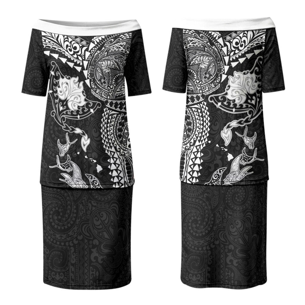 Hawaiian Manta Ray Tribal Family Matching Puletasi and Hawaiian Shirt Polynesian Art Motifs Black Color LT03 Mom's Dress Black - Polynesian Pride