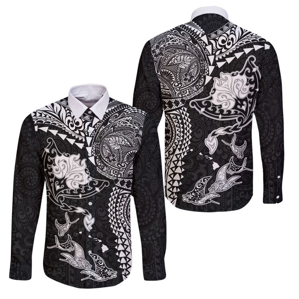 Hawaiian Manta Ray Tribal Family Matching Puletasi and Hawaiian Shirt Polynesian Art Motifs Black Color LT03 Dad's Shirt - Long Sleeve Black - Polynesian Pride
