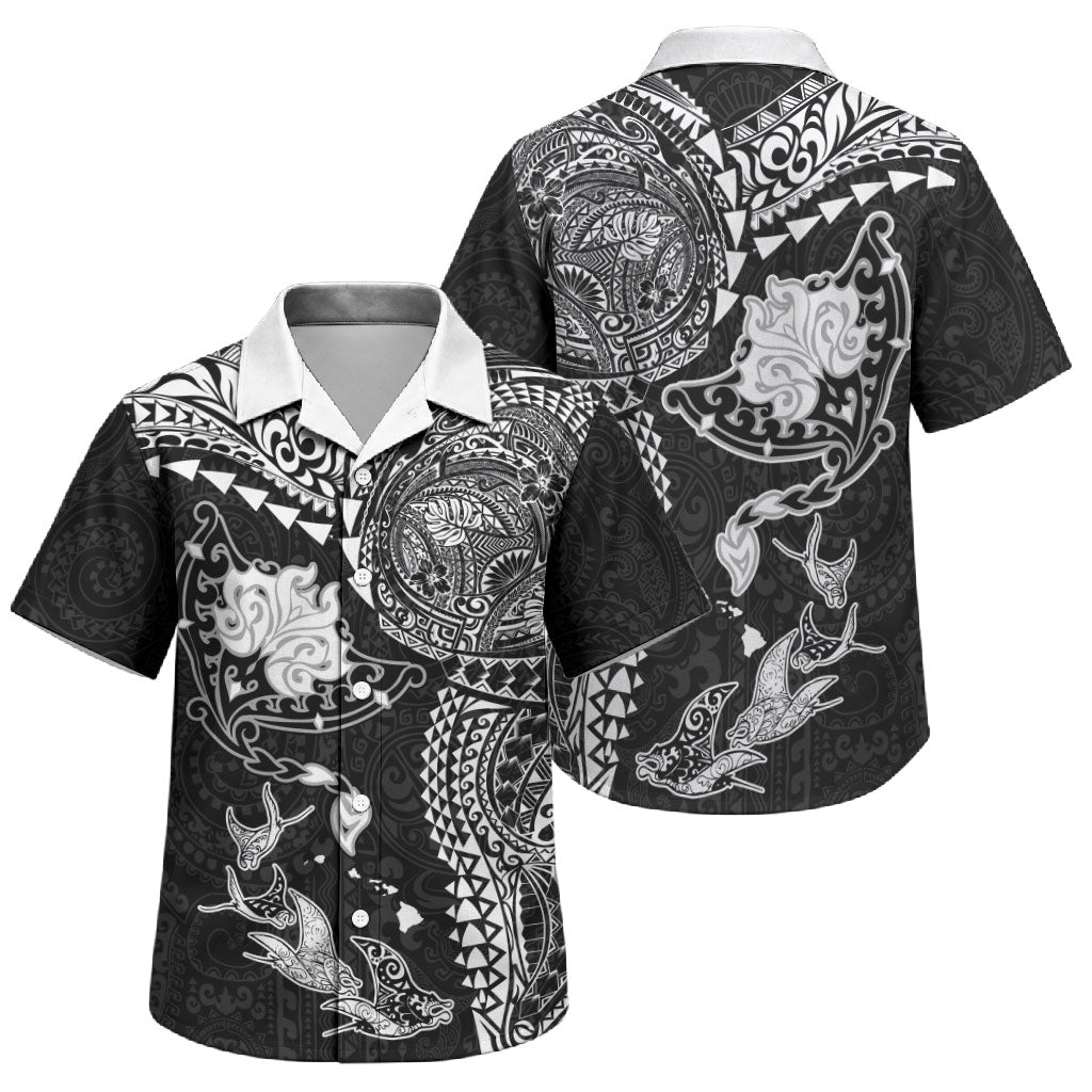 Hawaiian Manta Ray Tribal Family Matching Puletasi and Hawaiian Shirt Polynesian Art Motifs Black Color LT03 Son's Shirt Black - Polynesian Pride