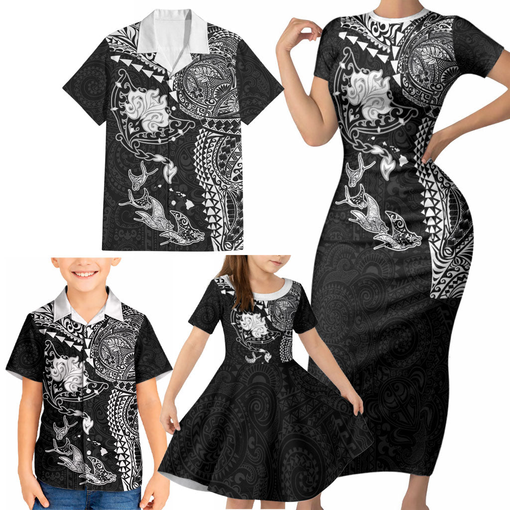 Hawaiian Manta Ray Tribal Family Matching Short Sleeve Bodycon Dress and Hawaiian Shirt Polynesian Art Motifs Black Color LT03 - Polynesian Pride