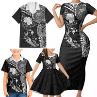 Hawaiian Manta Ray Tribal Family Matching Short Sleeve Bodycon Dress and Hawaiian Shirt Polynesian Art Motifs Black Color LT03 - Polynesian Pride