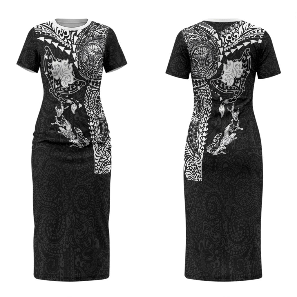 Hawaiian Manta Ray Tribal Family Matching Short Sleeve Bodycon Dress and Hawaiian Shirt Polynesian Art Motifs Black Color LT03 Mom's Dress Black - Polynesian Pride
