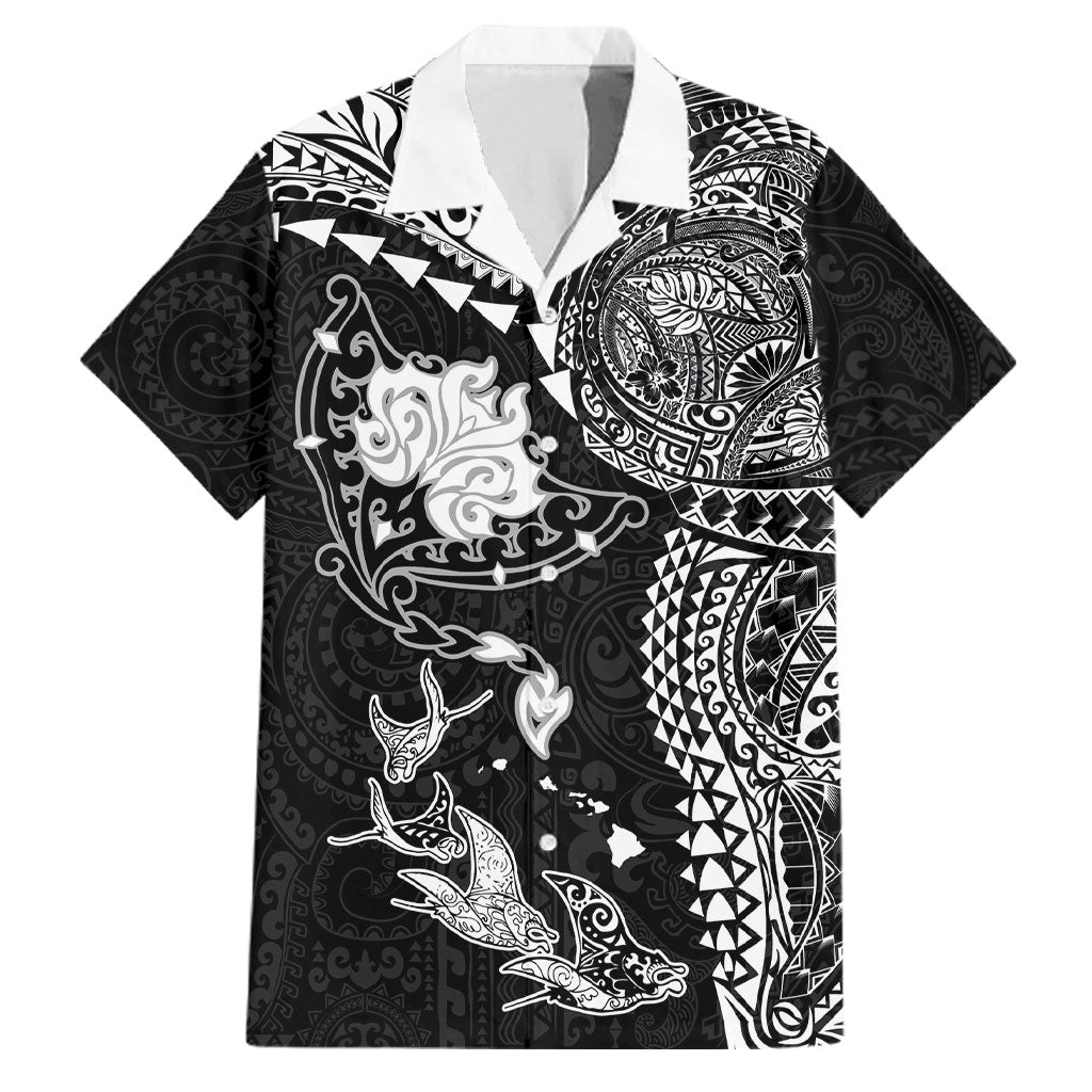 Hawaiian Manta Ray Tribal Family Matching Summer Maxi Dress and Hawaiian Shirt Polynesian Art Motifs Black Color