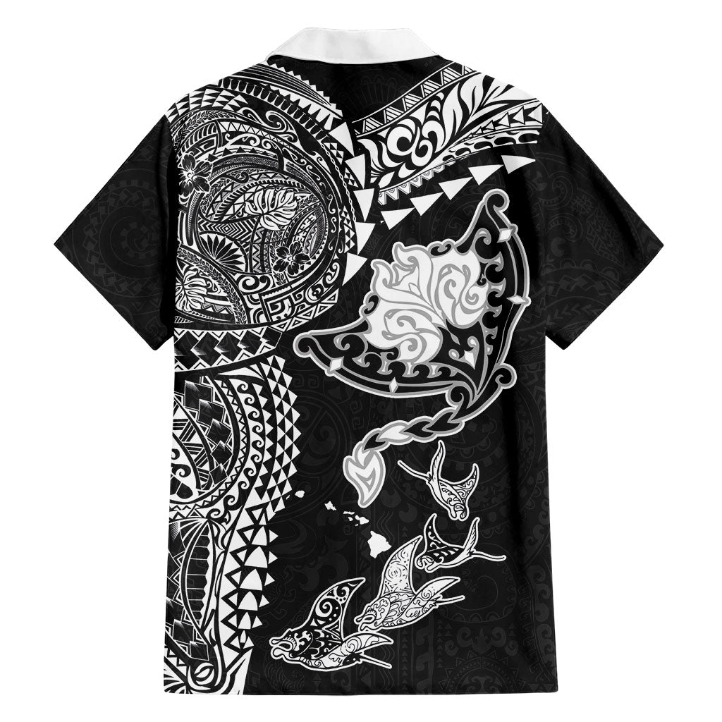 Hawaiian Manta Ray Tribal Family Matching Summer Maxi Dress and Hawaiian Shirt Polynesian Art Motifs Black Color